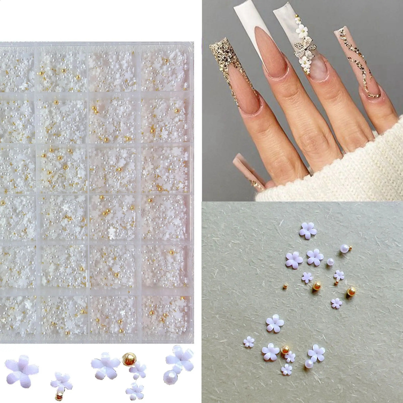 1Set Mini White and Color Flowers with Beads Nail Art Decoration 240814