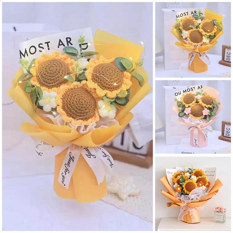 Finished Crochet Flowers Bouquet Handmade SunFlower Bouquet Valentines Gift Wedding Decor Knitted Flower Bouquet with Gift Bag 240819