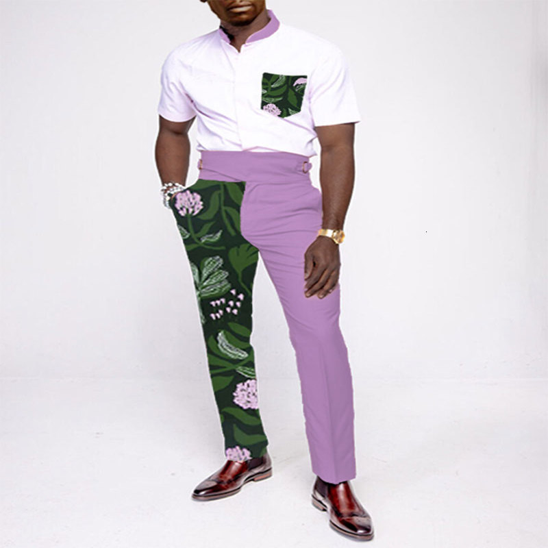 Mens Shirt 2Pcs Set Streetwear Fashion Foliage Print Button Casual Short Sleeve Shirt Straight Pants Suits Set Oversize S-3XL 240816