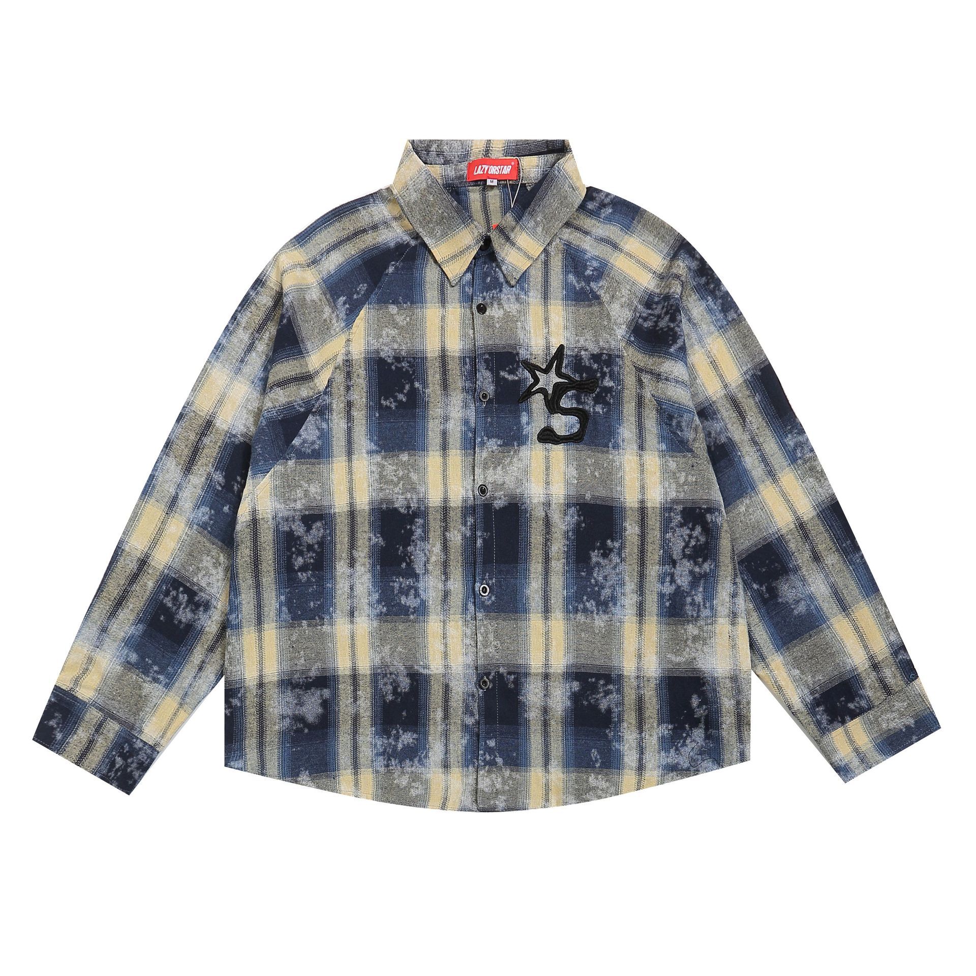 American Street High-end Neutral Spray Dirty Color Vintage Mens Long Sleeved Lapel Plaid Shirt