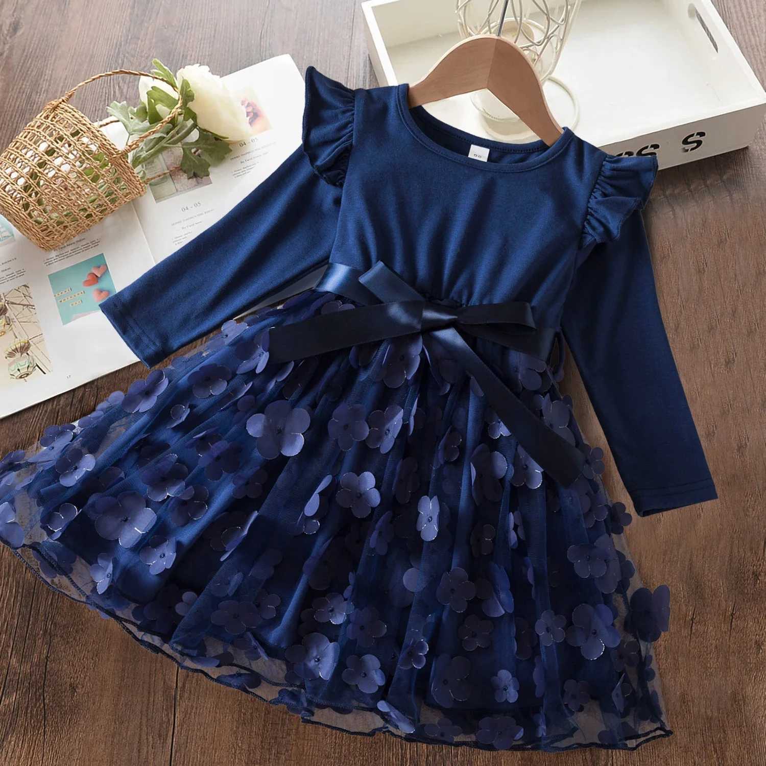 Kids Autumn Clothes for Long Sleeves 2024 New Childrens Floral Par Winter Mesh Dresses for Girls 2-6Years Kid Casual CostumeXJ241206