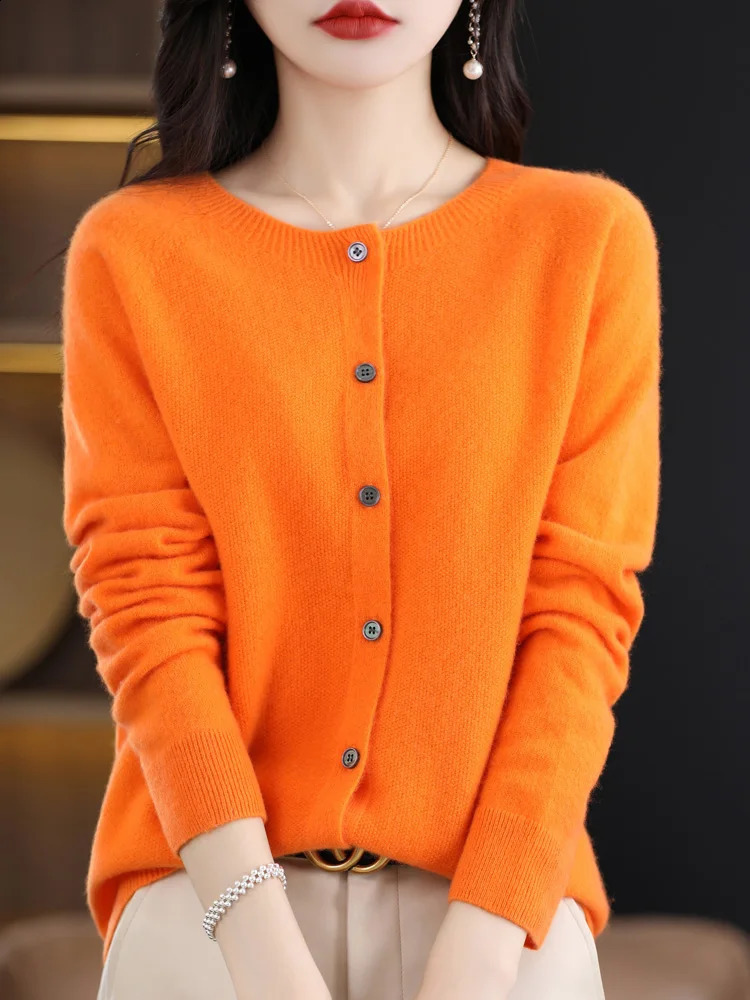 Women O-Neck Cashmere Cardigan 100% Merino Wool Sweater Buttoned Long Sleeve Knitwear For Spring Autumn Solid Basic Top Clothing 240824