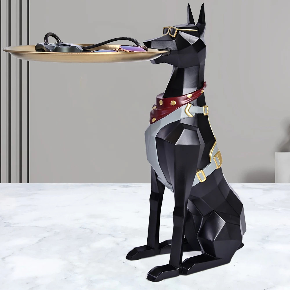 Resin Art Dog Statue Butler with Tray for Keys Jewelry Holder Doberman Pinscher Sculptures Living Room Decoration Table Ornament 241105