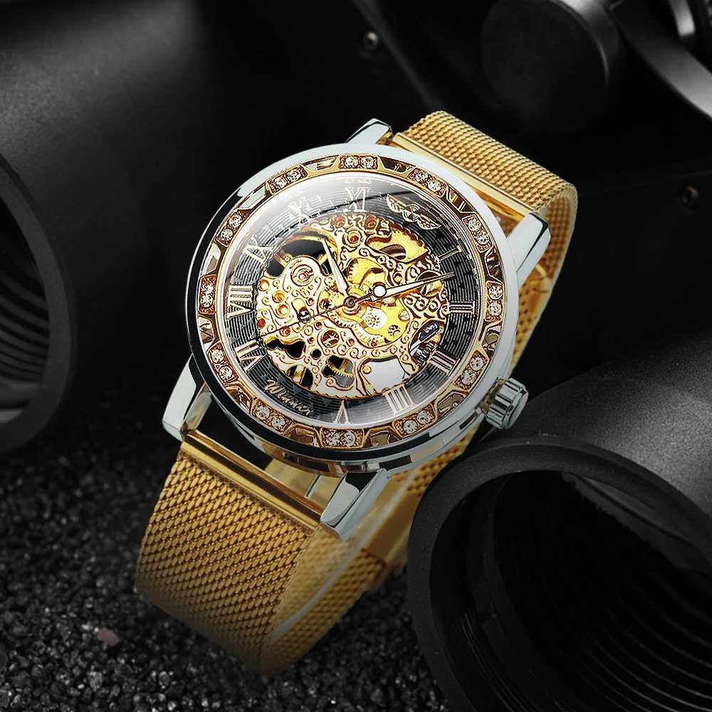 Winners Fashion Carving Skeleton Mens Silver Top Brand Luxury Mechanical Ultra Thin Mesh Str Crystal Neutral Size Clock W250104
