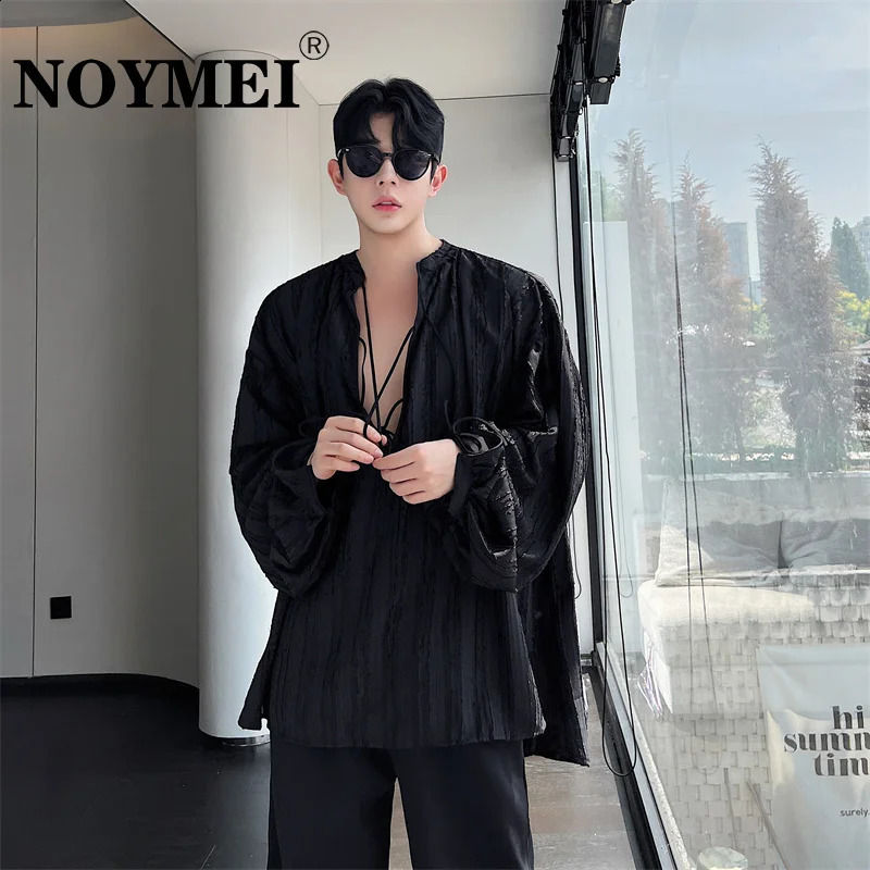 NOYMEI Korean Ruffian Flocking Dark Pattern Tie Breathable Lantern Sleeve Shirt Sexy Spring Mens Top WA4084 240816