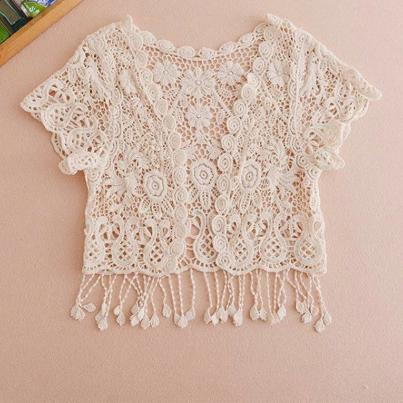 Women Short Sleeve Tassels Cardigan Lace Shrugs Sheer Beach Cover Up for Dresses N7YF 240819