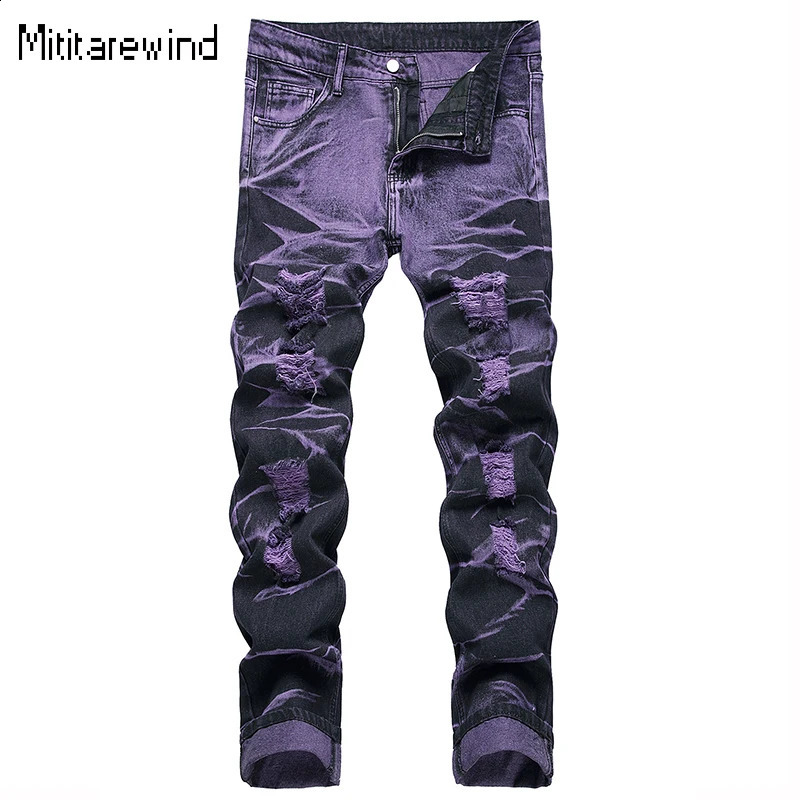 High Street Ripped Jeans for Men Four Seasons Causal Denim Pants Personalized Purple Black Straight Jeans Fashion Youth Trousers 240816
