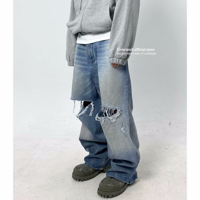 Firmranche Mens Blue Pocket Jeans Large Hole Tear Drag Flat Denim Pants Street Clothing Oversized Trouser w240816