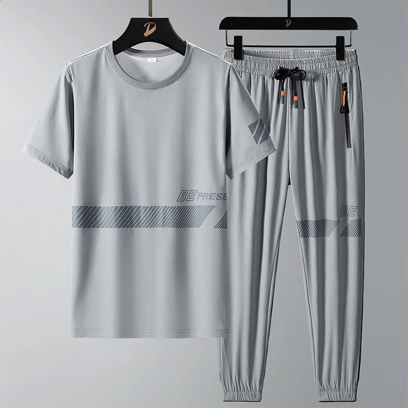 Men T Shirt Suit Pants 2 Piece Set Oversize 6XL 7XL 8XL Plus Size Short Sleeve Black T-shirts Summer Fashion Loose Drop 240816