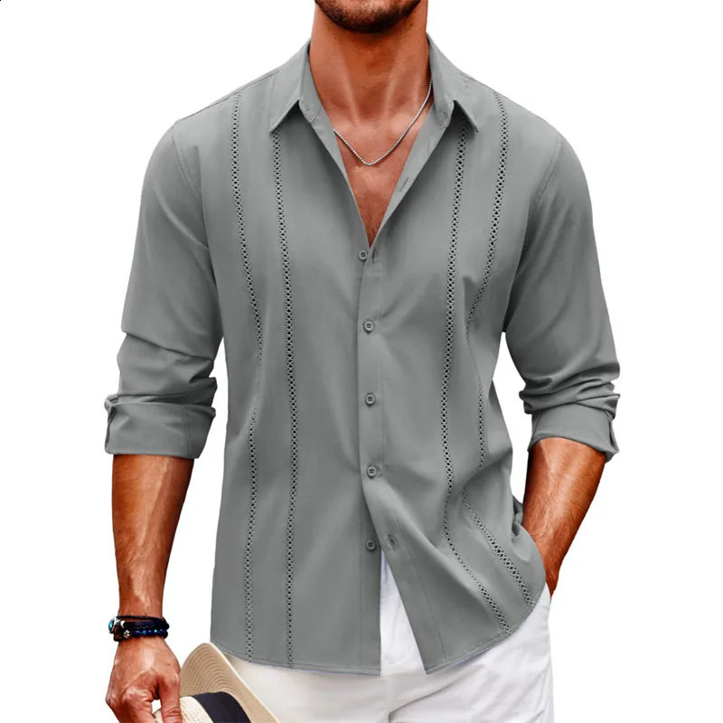 Simple casual lace long sleeve shirt cross-border beach linen button mens long sleeve solid color plus-size shirt 240816