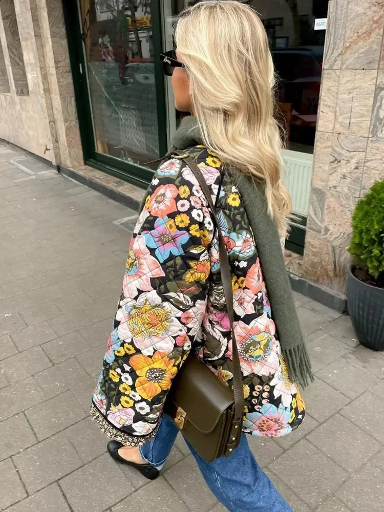 TRAF Flower Winter Coat for Women Quilted Jacket Parkas Woman Autumn Winter Printed Vintage Jacket Tweed Warm in Outerwear 240819