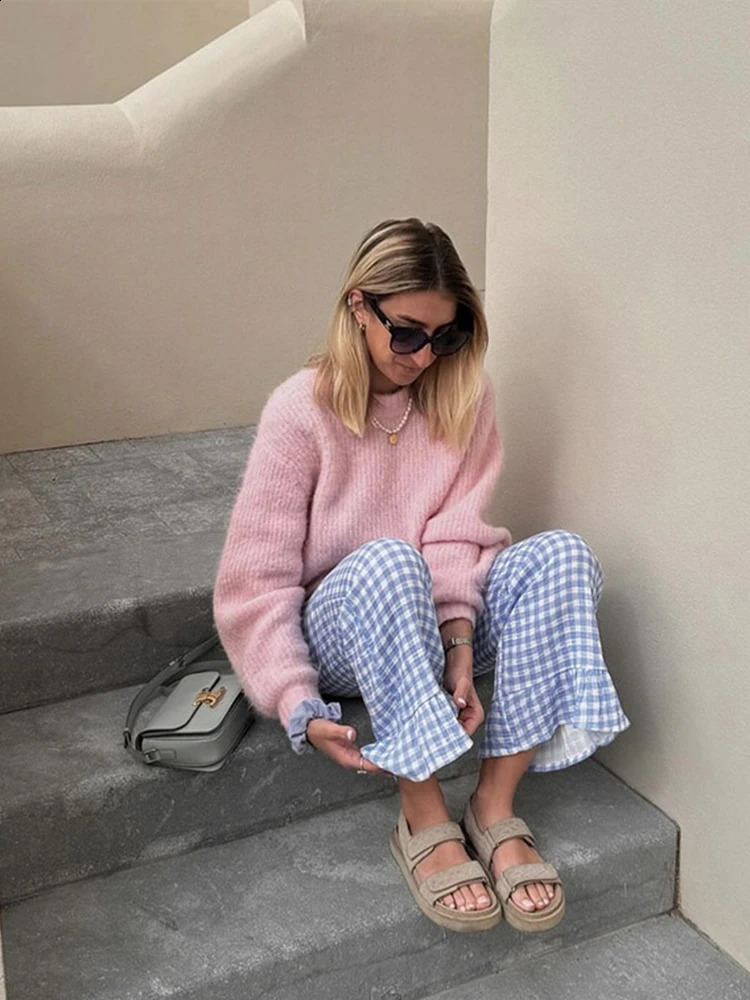 Casual Plaid Ruffles Edge Flare Pants Women Elastic High Waist Wide Leg Female Trouser 2024 Spring Summer Fashion All-match Pant 240816