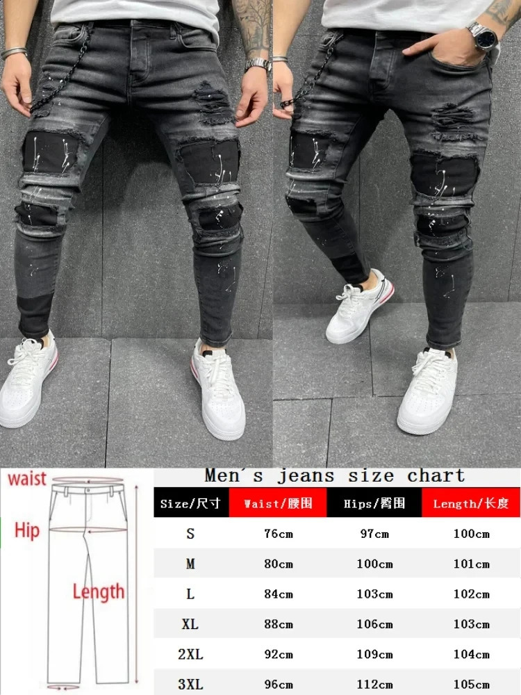 Y2k Mens ripped skinny style Black Ripped Slim High quality Pencil Biker zipper jeans Hip hop pants 240819