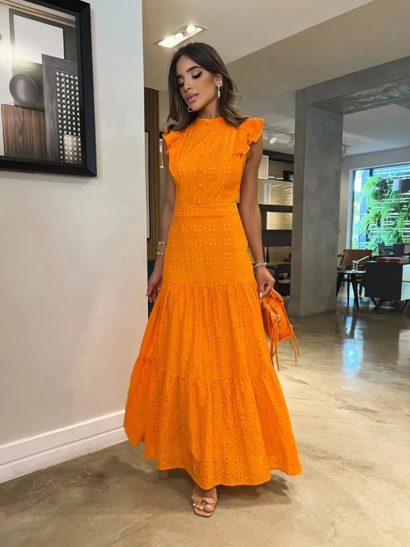 Bohemian Solid Hollow Out Elegant Women Dress O Neck Flying Sleeve Button Long Dress Summer Chic Casual Beach Women Clothing 240816