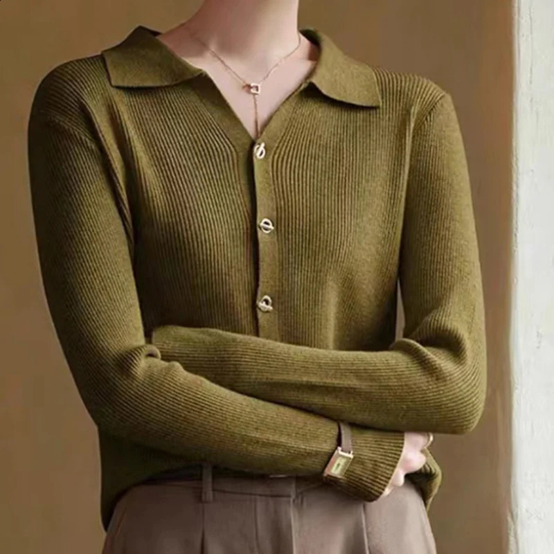 Autumn Womens Sportswear Solid Color Polo Neck Knitted Top Cardigan Wool Sweater Korean Version Long Sleeved Jacket