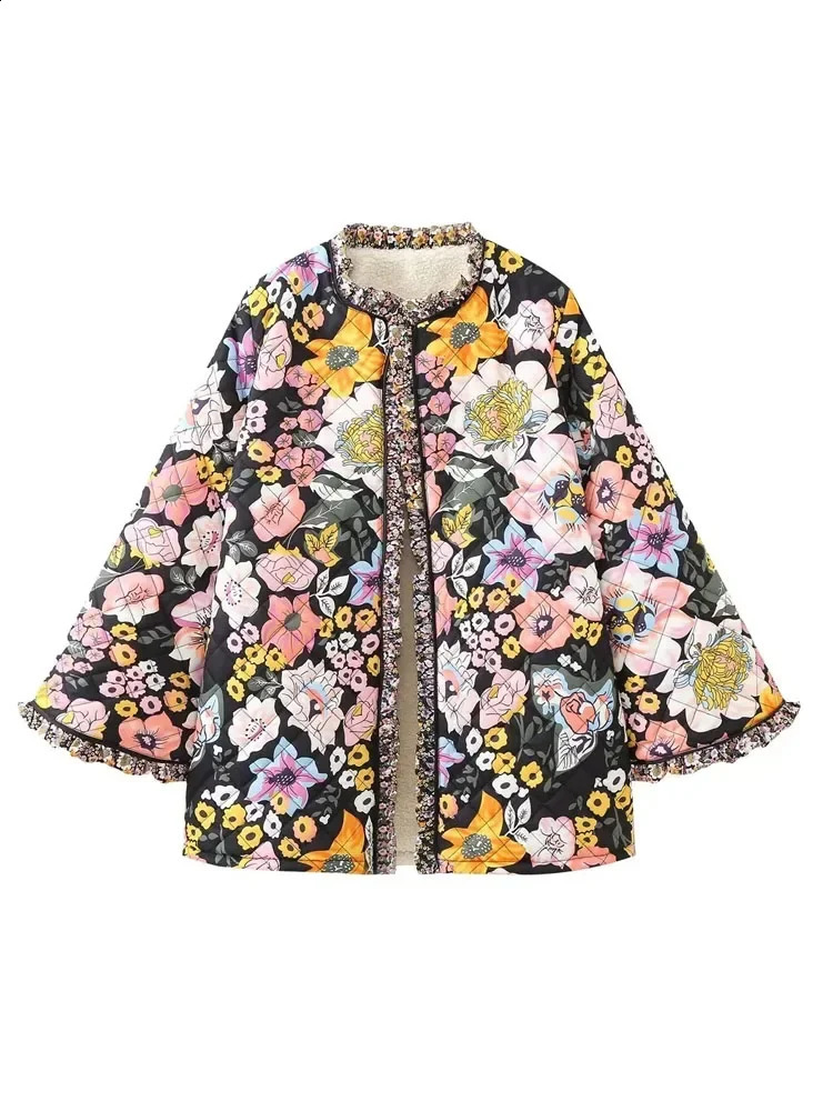 Flower Winter Coat for Women Quilted Jacket Parkas Woman Autumn Winter Printed Vintage Jacket Tweed Warm in Outerwear 240819