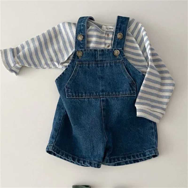 2533C baby denim camisole pants 2024 new summer baby boy jumpsuit fashionable girl with pants casual with childrens shorts W240806