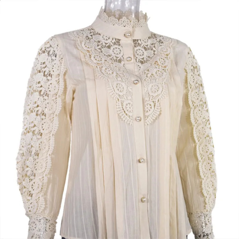 White lace shirt womens spring and autumn sexy long sleeved pearl button flower hollow blue transparent mesh top 240814