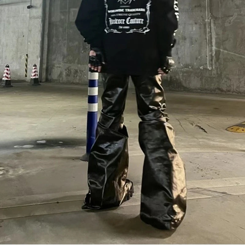 High Street Wide Leg Glossy Pu Leather Pants Sashes Boot Cut Men and Wome Straight Baggy Casual Jeans Oversized Flared Trousers 240816
