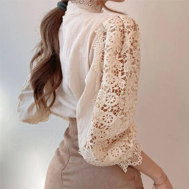 White lace shirt womens spring and autumn sexy long sleeved pearl button flower hollow blue transparent mesh top 240814