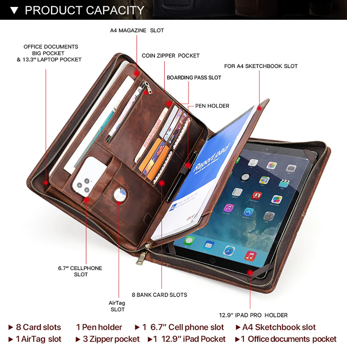 3 Air iPad Pro 13 12.9 Portfolio File Folder Cow Leather Cover Organizer Travel Business Office Document Briefcase 240816CJ
