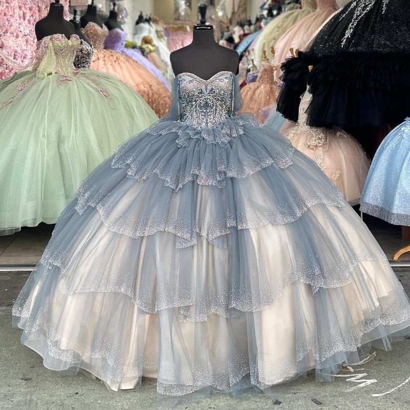 Navy Blue Shiny Off the Shoulder Quinceanera Dresses Princess Sweet 16 Champagne ing Beads Crystal Tull Tiered Birthday Party Lace Up Vestido 15 De