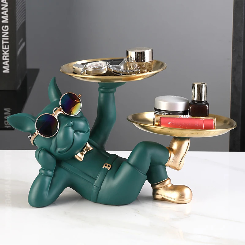 Animal Resin Sculpture dog Butler statue Home Decor French Bulldog with Double Metal tray Table Ornaments Decor Dog Figurine Art i240819
