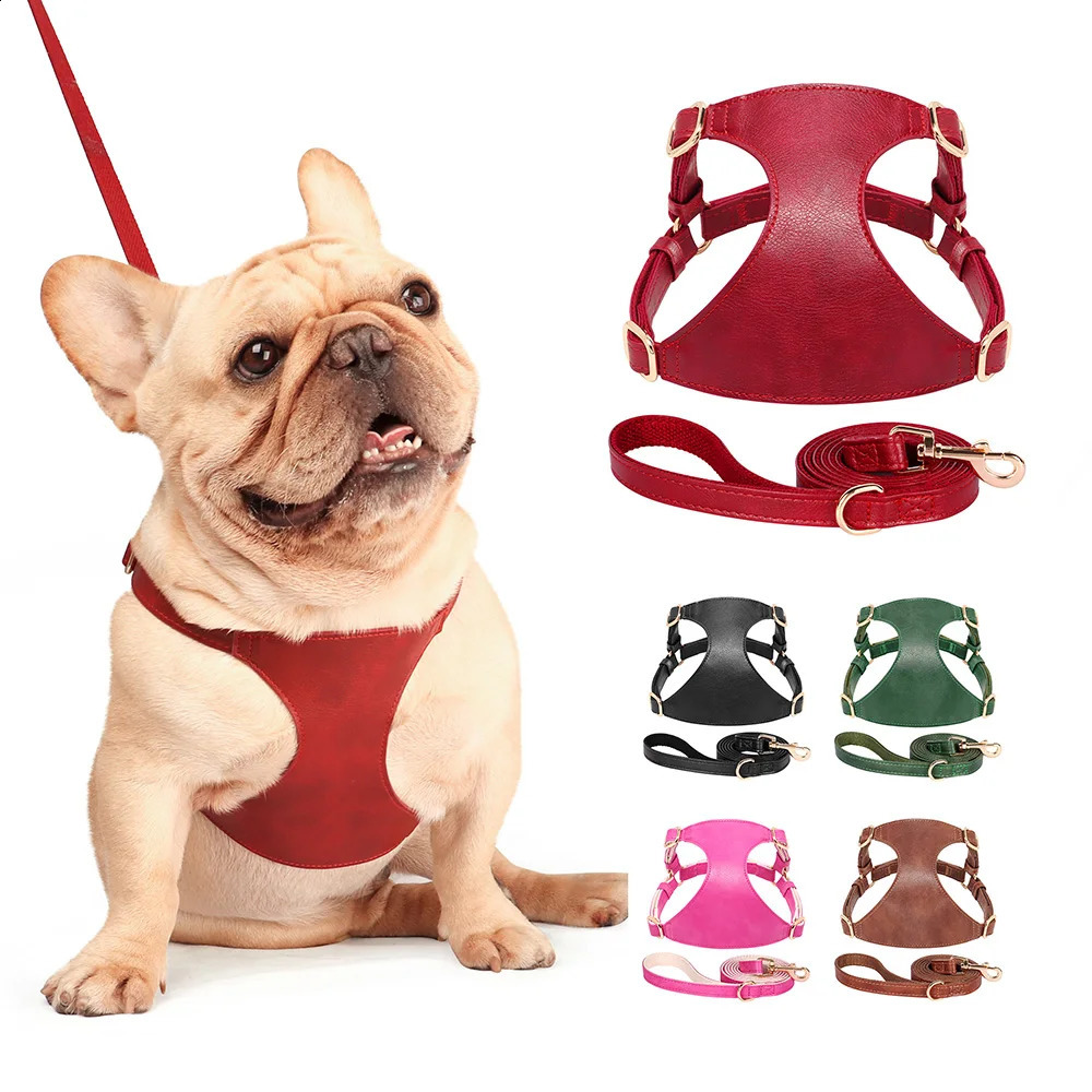 Soft Genuine Leather Dog Harness Leash Set Small Medium Dogs Cats Harness Vest For Chihuahua French Bulldog Walking Training 240819
