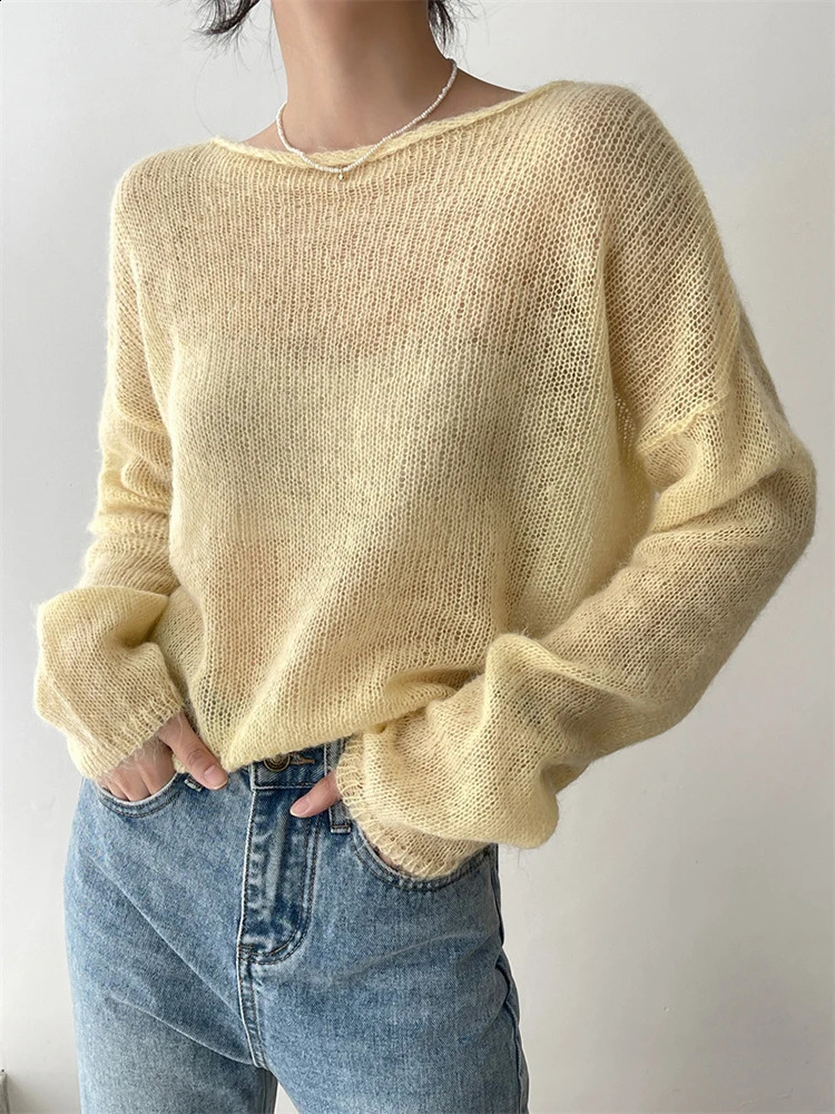 Lamb thin knitted sweater womens long sleeved solid color transparent pullout fashionable top springsummer 2R4360 240819