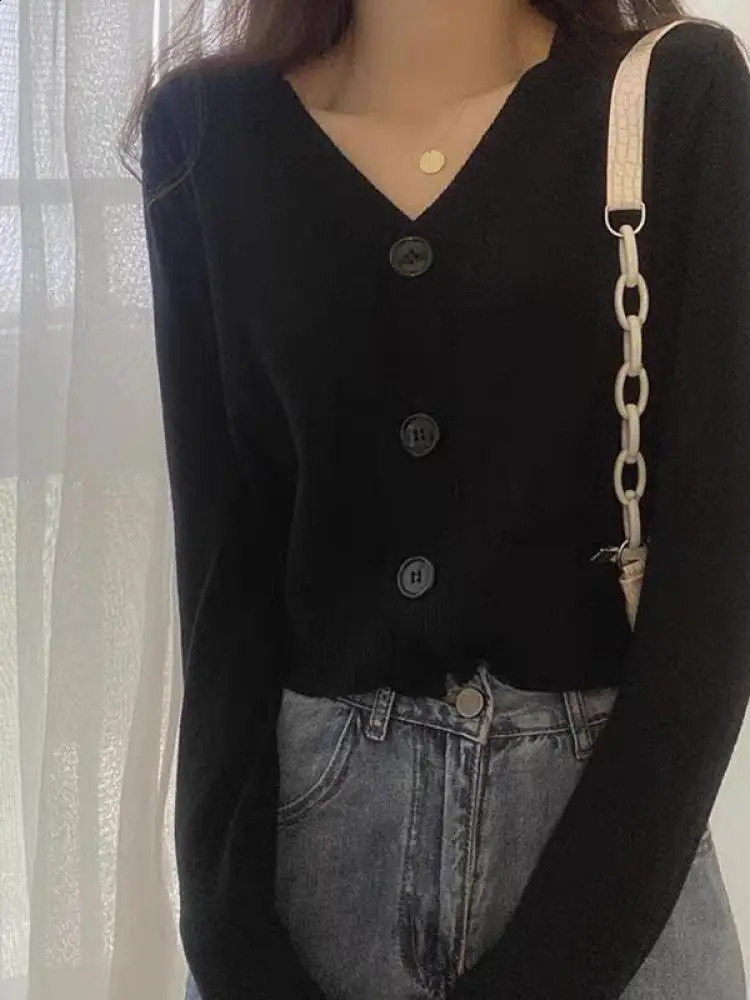 Button Pullover Long Sleeve Sweater Women Short Top Ladies Autumn Winter Clothes Slim Streetwear Solid Knitted Cardigan 240819