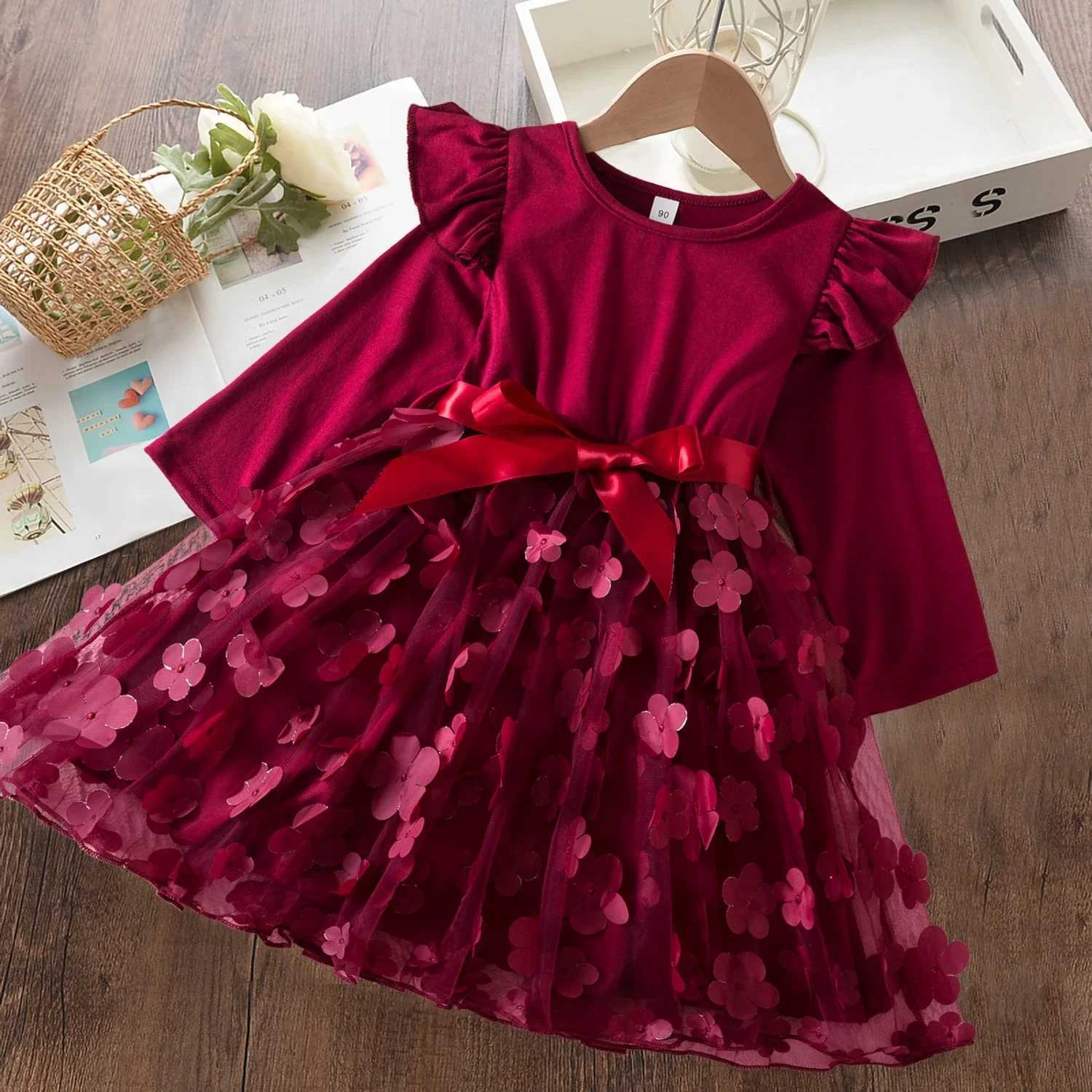 Kids Autumn Clothes for Long Sleeves 2024 New Childrens Floral Par Winter Mesh Dresses for Girls 2-6Years Kid Casual CostumeXJ241206