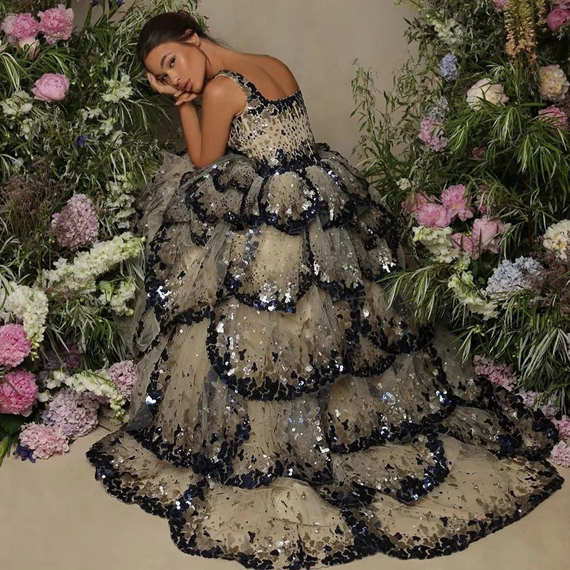 2024 Dubai Evening Dresses Sparkly Square Neck Sequin Tiered Ruffles Prom Birthday Gowns Gala Robe Soiree Vestidos De Feast Custom Made