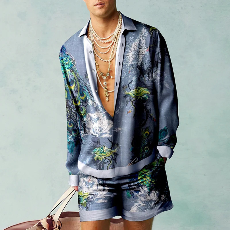 Peacock Pattern Shirt Set 3D Print Men Casual Fashion Long Sleeves Shirts Oversized Beach Shorts Summer Streetwear Suits Clothes 240816