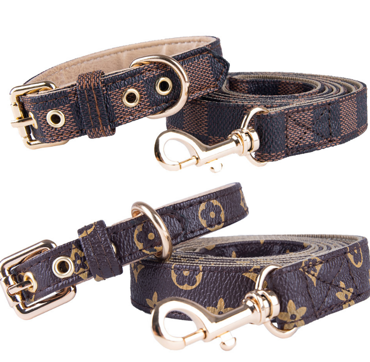 Dog Collars Leash Set Classic Presbya Designer Letters Pattern Print Leashes PU Leather Fashion Casual Adjustable Dogs Cats Neck Strap Cute Pet Collar