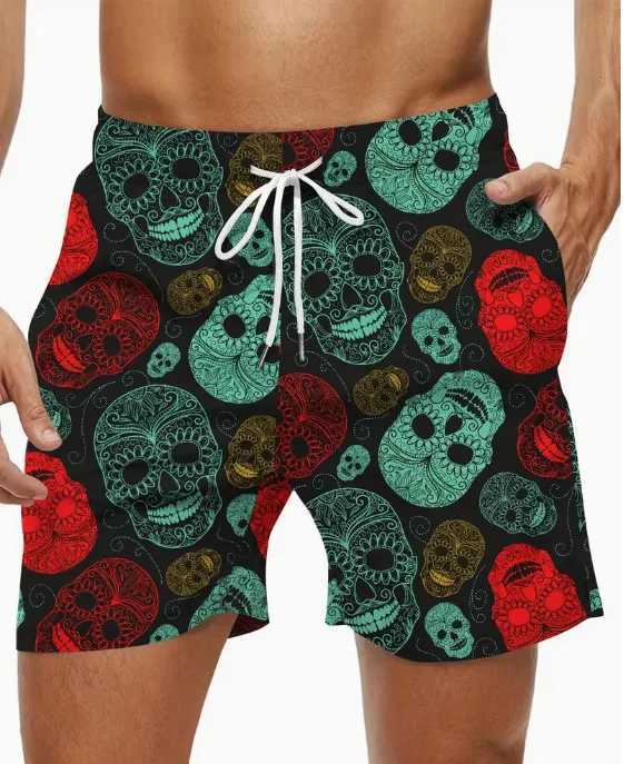 Mens Ethnic Style Skull Pattern Board Shorts With Drawstring Chic And Trendy Shorts For Summer Beach Holiday Leisurewear ShortsXJ240817