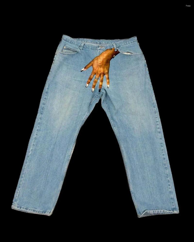 Mens Jeans Hip Hop Hand Print Baggy For Men Vintage Streetwear Slouchy 2000s High Street Y2K Wide Leg Pants Denim Clothing