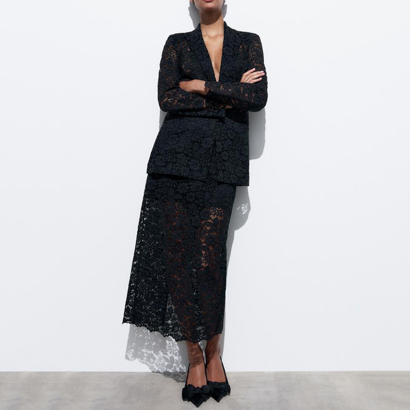 summer solid lace hollow womens suit jacket casual skirt twopiece set w240816
