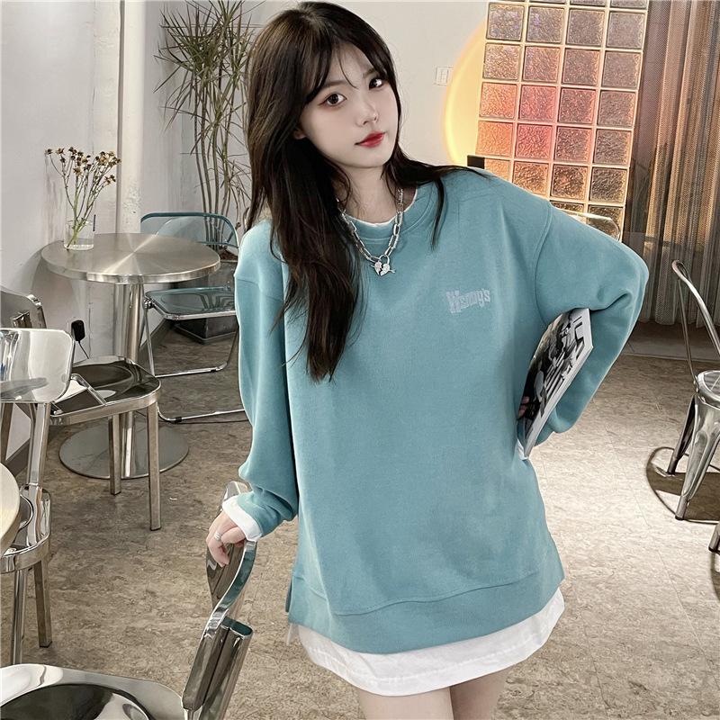 2024 autumn Korean version letter embroidery fake two thin style loose slit long sleeved hoodie women's pullover top 5e3cf