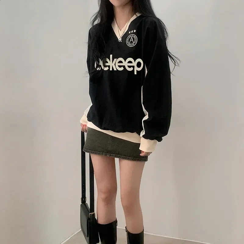 Letter Print American casual hoodie womens loose Vneck contrasting color fullcolor floral baseball top 240814