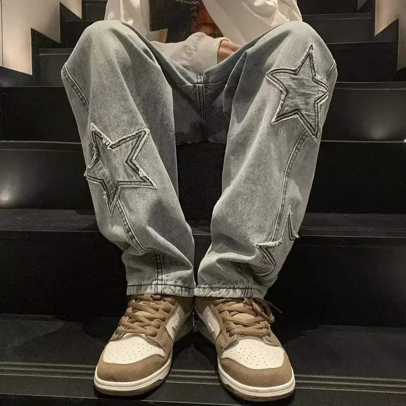 Star Embroidery Baggy Jeans Man Straight Fashion Casual Wide Pants Streetwear Youth High Street Hip Hop Male Denim Trousers 240819
