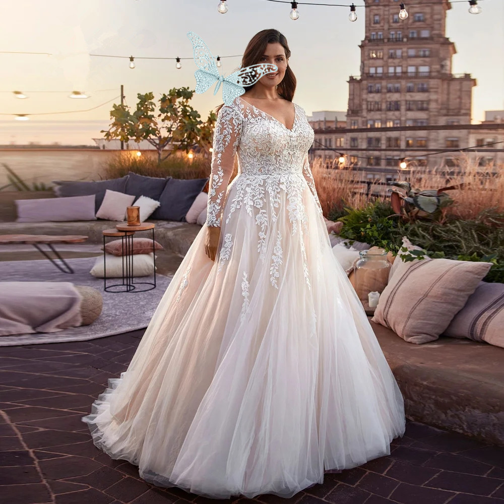 Boho V-Neck Wedding Dresses Plus Size Long Sleeves Lace Tulle Bridal Gowns Appliques Sweep Train A-Line Vestidos De Novia Plus Size