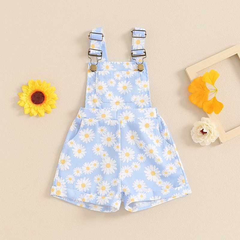 FOCUSNORM 0-6Y Summer Little Girl Full Body Shorts Casual Sunflower Printed Sleeveless Shoulder Strap Button Pocket jumpsuit W240806