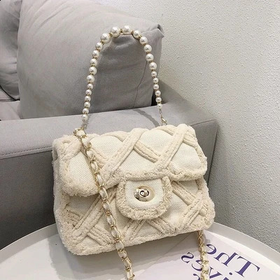 Women Canvas Shoulder Messenger Crossbody Bag Ladies Vintage Handbag Female Cotton Wool Cloth Shopping Bags pearl 240816