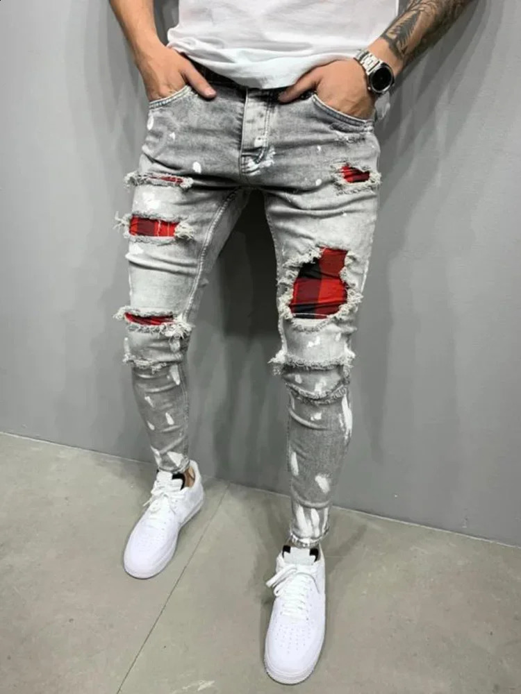 Men Biker Slim Elastic Denim Cargo Pants Joggers High Quality Hole European and American Fashion Streetwear Ripped Skinny Jeans