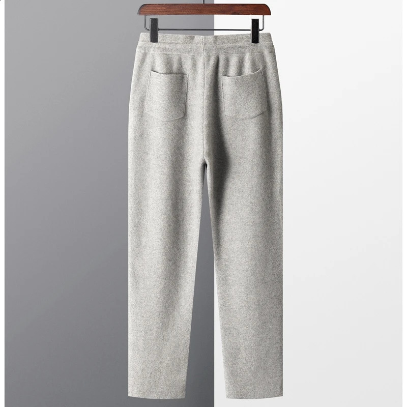 100% Merino wool mens wool pants for autumn and winter thick knitted pants slim fit solid color flat angle pants 240828
