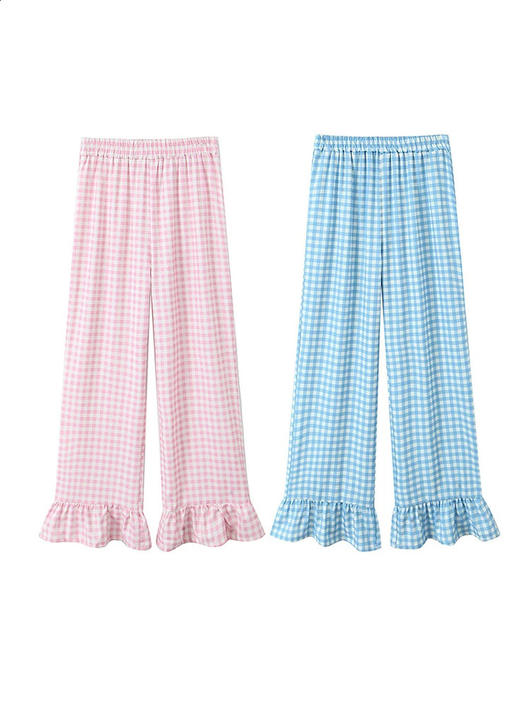 Casual Plaid Ruffles Edge Flare Pants Women Elastic High Waist Wide Leg Female Trouser 2024 Spring Summer Fashion All-match Pant 240816