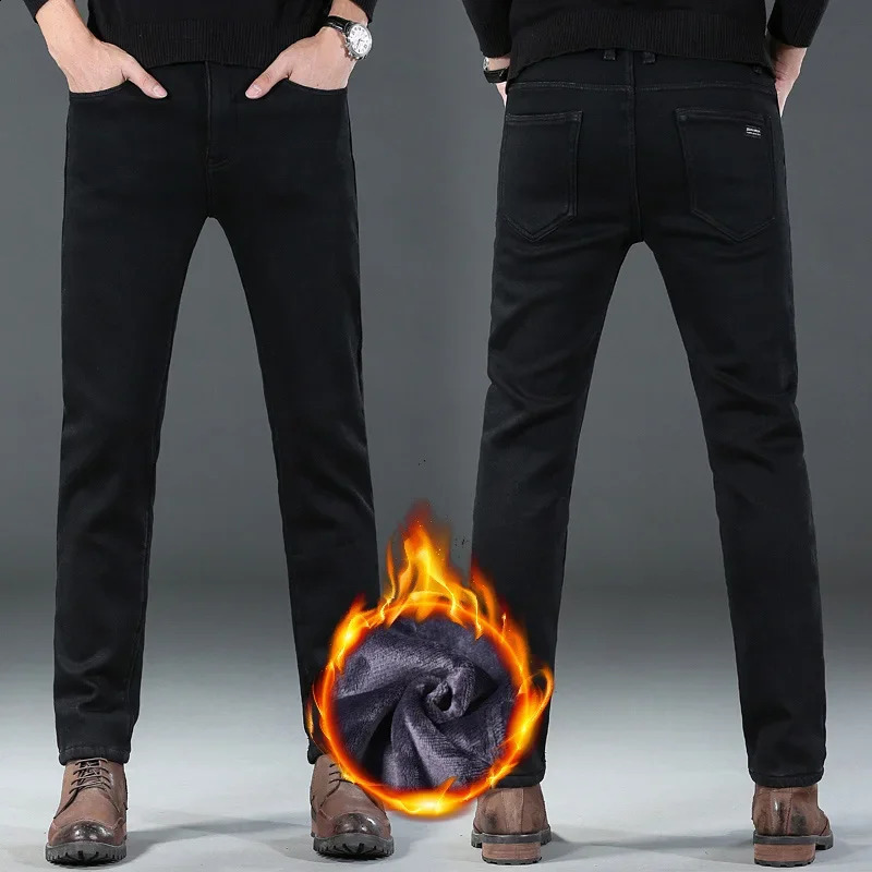 2024 Men Winter Warm Black Straight Thcik Fleece Jeans Fashion Casual Baggy Classic Style Solid Denim Trousers Male Clothing 240816