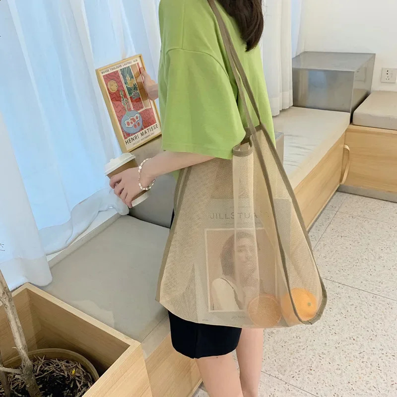 Beach Bag Large Capacity Shopping Transparent Mesh Reusable Fashion Portable Travel Organizer EcoFriendly Storage y240925