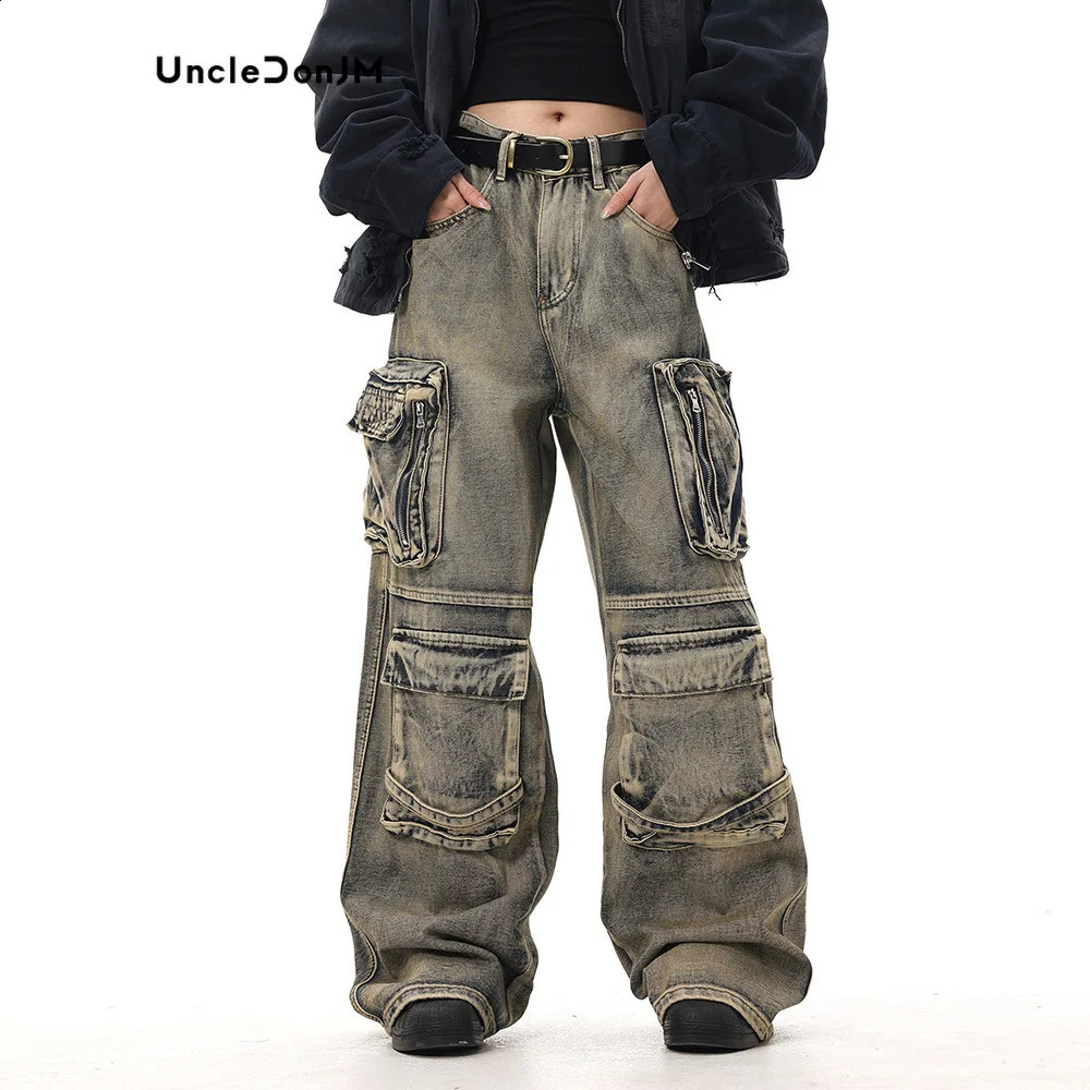 Style Multi Pocket Denim Workwear Pants Mens Loose Straight Leg Pants Heavyweight Baggy Jeans 240816