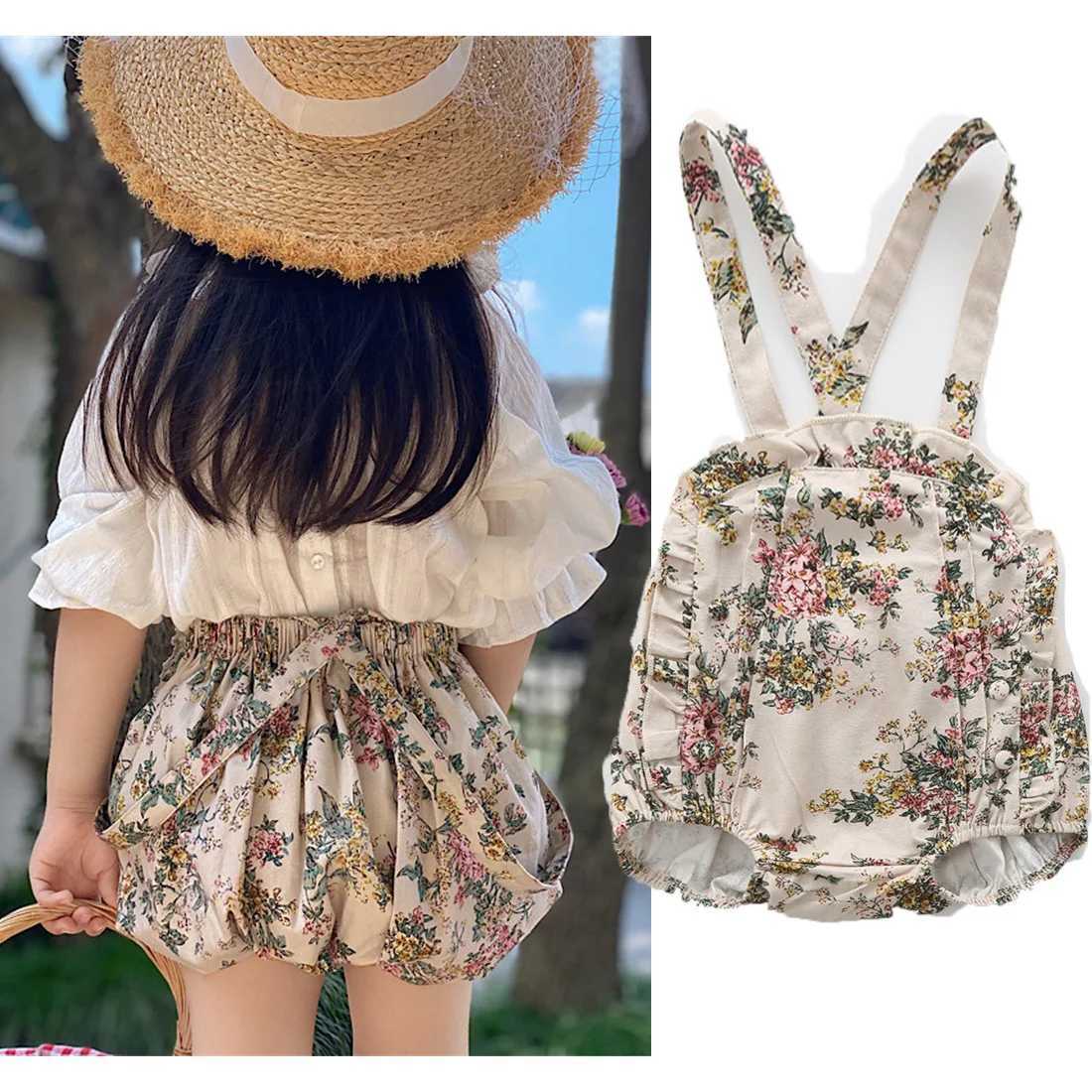 Retro floral girl full body baby pendant Trouser childrens belt shorts childrens girl jumpsuit childrens tight fitting clothes W240806